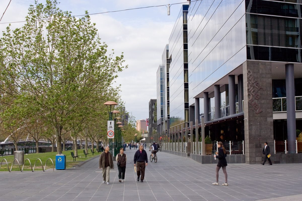 People walking along the tree-lined Southbank promenade in Melbourne