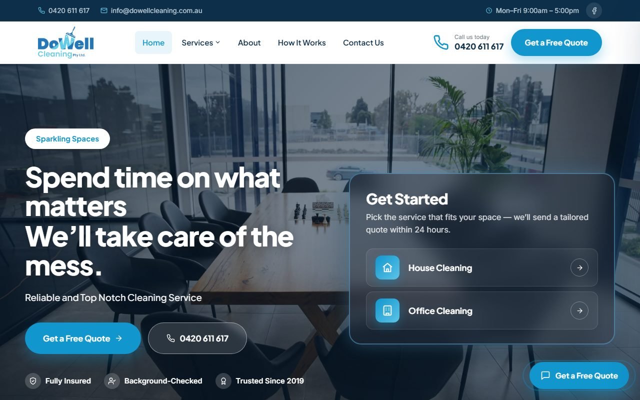 DoWell Cleaning homepage after the rebuild, with the free quote button and house and office cleaning options