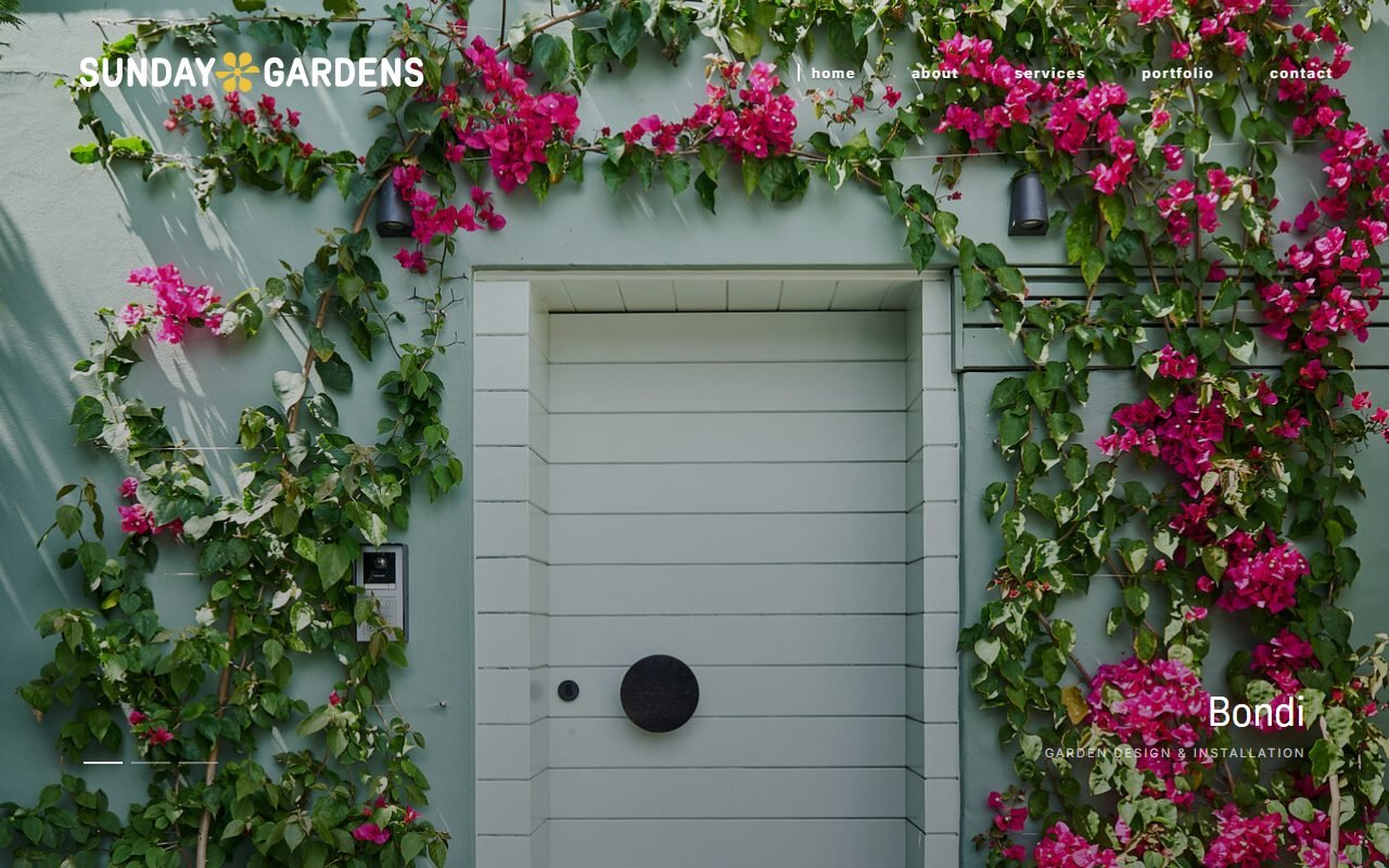 Sunday Gardens homepage, with pink bougainvillea around a white front door in Bondi